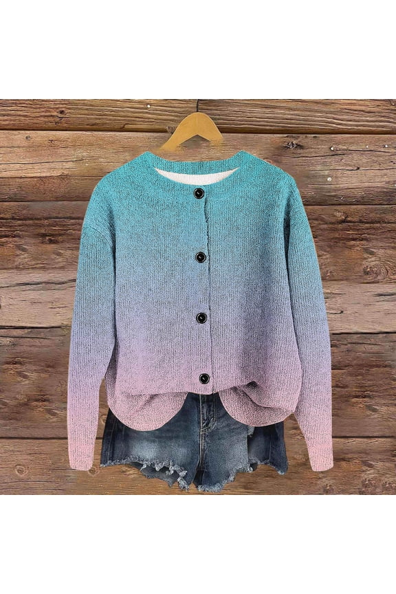Women's Knitted Cardigan Button Long Sleeved Ombre Print Round Neck Sweater Outerwear Hoodless Casual Fashionable Outwear Fall Fashion 2026