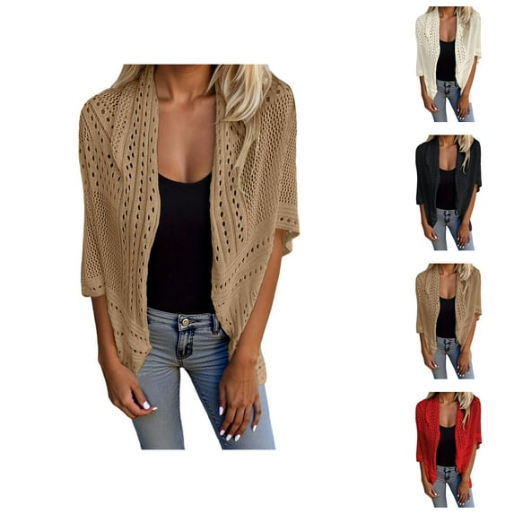 Lightweight Summer Cardigan for Women Open Front Casual Chic Women's Knitted Fashionable Hollow Out Short Sleeve Sweater Comfortable Spring Fall Outerwear Trendy Loose Fit Yarn Pullover