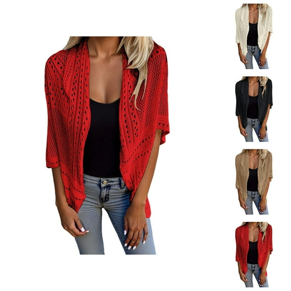 Women's Knitted Cardigan Fashionable Hollow Out Short Sleeve Sweater Lightweight Comfortable Casual Spring Fall Outerwear Trendy Loose Fit Yarn Pullover Cardigan Sweaters for Women