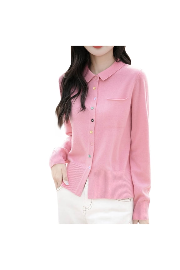 Women's Knitted Cardigan Lapel Colorful Button Down Sweater Jackets Lightweight Comfy Causal Outwear With Flat Pocket (L, Pink)