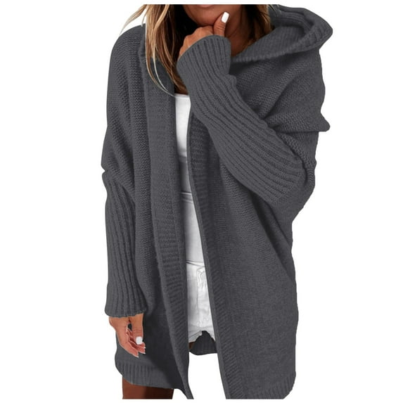 Women's Knitted Cardigan Solid Color Hooded Batwing Sleeve Open Front Sweater Patchwork Design Casual Comfortable Outerwear