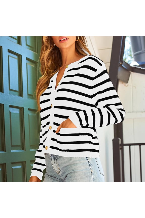 Women's Knitted Cardigan, Striped Button Up Long Sleeve Sweater, Soft Acrylic Round Neck Top for Casual Fall and Winter Wear