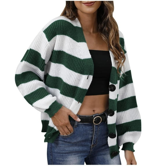 Women's Knitted Cardigan Sweater Long Sleeve Color Block Striped Sweater Jumpers Open Front Short Sweater Jacket