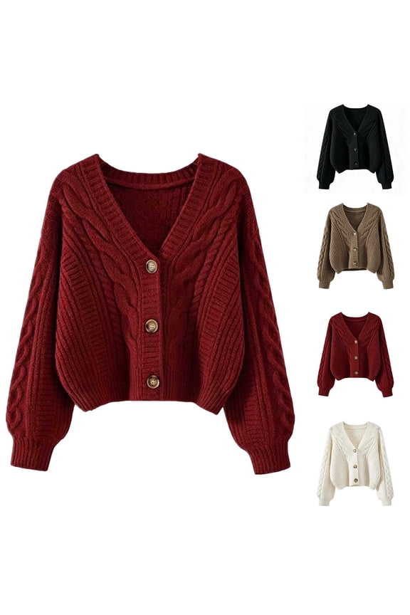Women's Knitted Cardigan V Neck Button Down Long Sleeve Sweater Fall Winter Comfy Loose Casual Outwear (Free Size, Red)