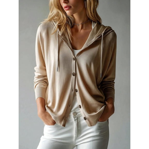Women's Knitted Cardigan With Hood, Long Sleeve Button-Up Loose Fit Slimming Jacket, Spring Autumn Winter Summer White Fall