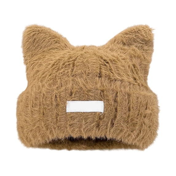 Women's Knitted Cat Ear Beanie, Winter Warm Fuzzy Skull Cap with Earflaps - Slouchy Plush Ski Hat for Cold Weather, Snow, and Outdoor Activities