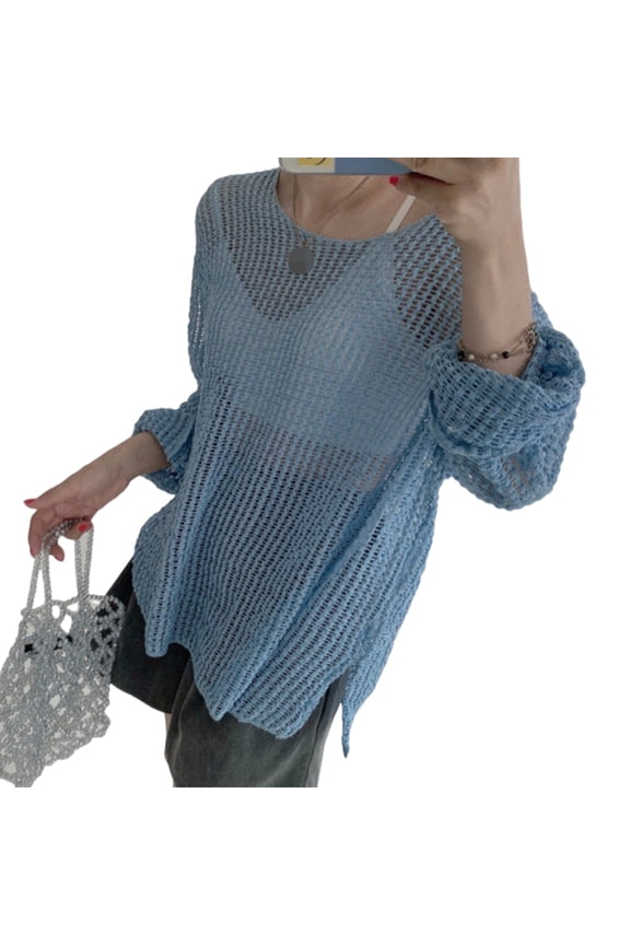 Women's Knitted Cover Up Sweater Top Casual Loose Hollow Out Meshes Long Sleeve Shirt Pullover Top 2024 Outfit