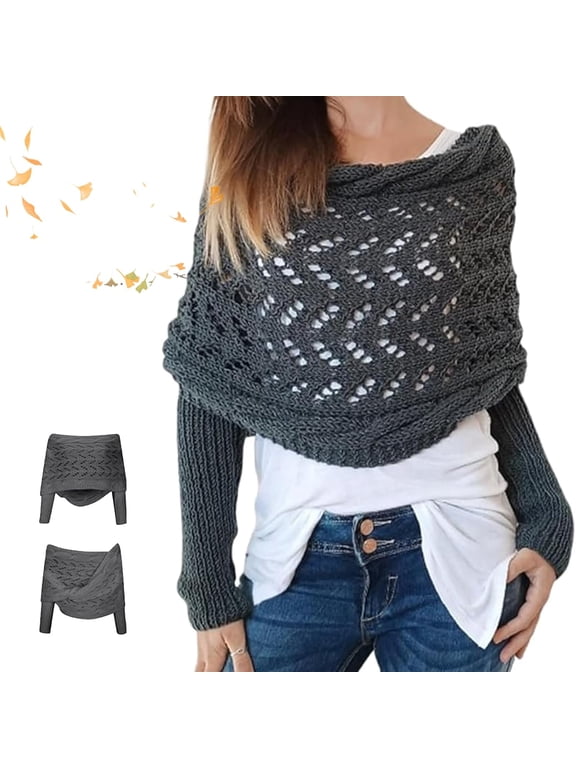 Women's Knitted Double Sleeve Scarf Cozy Knitted Cable Crochet Shawl Wraps, Sweater Scarf with Sleeves for Women