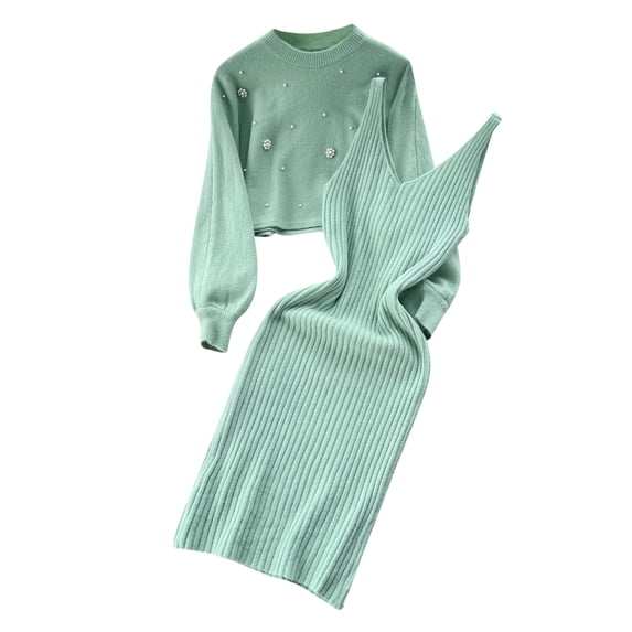 Women's Knitted Dress 2 Piece Set - Pullover Top & Bodycon Midi Dress, Long Sleeve, Solid Design, Stretchy Material for Winter