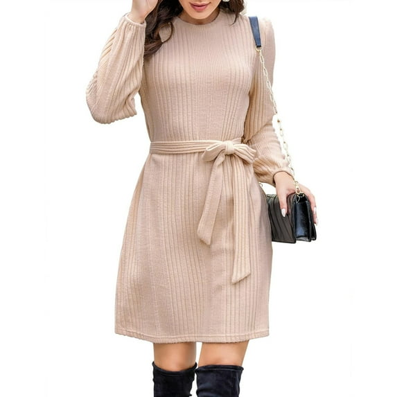 Women's Knitted Dress Elegant Jumper Dress Long Sleeve Mini Dress Round Collar Winter Dress