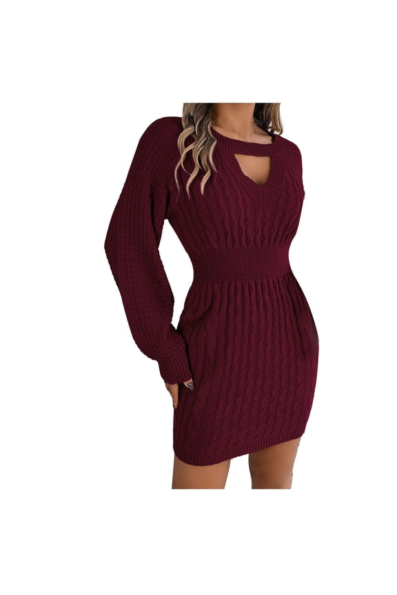 Women's Knitted Dress Long Sleeve V Neck Cable Knit Chunky Bodycon Pullover Jumper Sweaters Burgundy