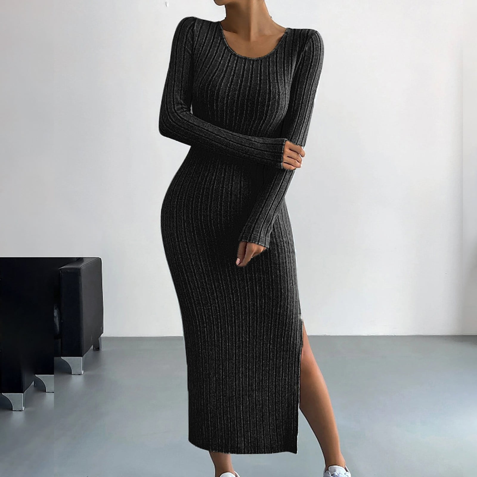 Women's Knitted Dress Long Slit Bodycon Long Dress With Neck Low Neck Dress  plus Size Swing Dress Floral Summer Long Dresses Tunic Dress for Women Form  Fitting Dress Maxi Dress Summer Fall