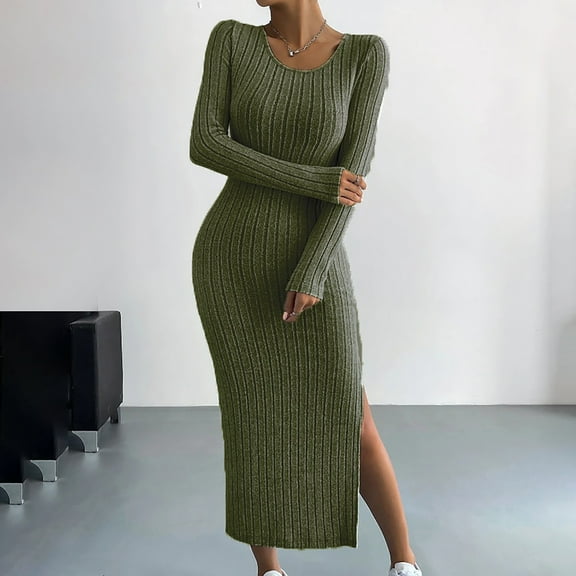 Women's Knitted Dress Long Slit Bodycon Long Dress With Neck Low Neck Dress plus Size Swing Dress Floral Summer Long Dresses Tunic Dress for Women Form Fitting Dress Maxi Dress Summer Fall Dresses for