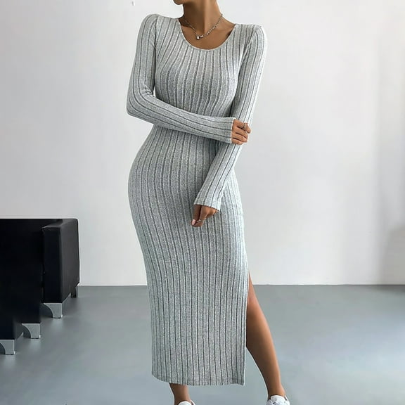 Women's Knitted Dress Long Slit Bodycon Long Dress With Neck Low Neck Dress plus Size Swing Dress Floral Summer Long Dresses Tunic Dress for Women Form Fitting Dress Maxi Dress Summer Fall Dresses for