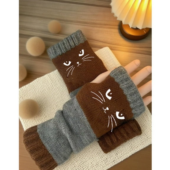 Women’s Knitted Fingerless Gloves with Cat Embroidery,Thick Warm Winter Gloves,Essential for winter travel Coffee
