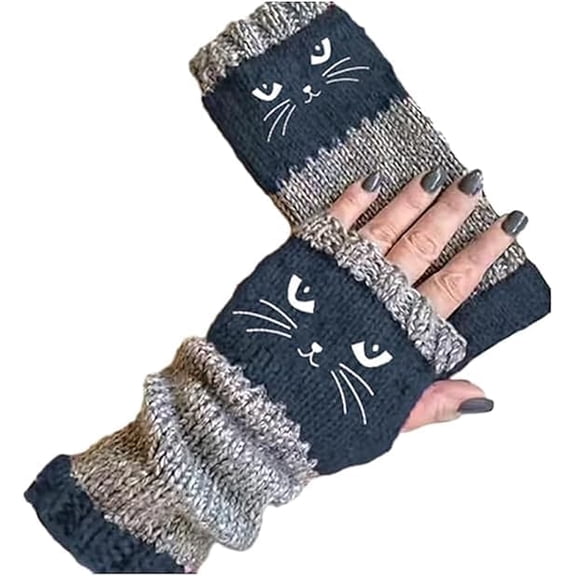 Women’s Knitted Fingerless Gloves with Cat Embroidery,Thick Warm Winter Gloves,Essential for winter travel