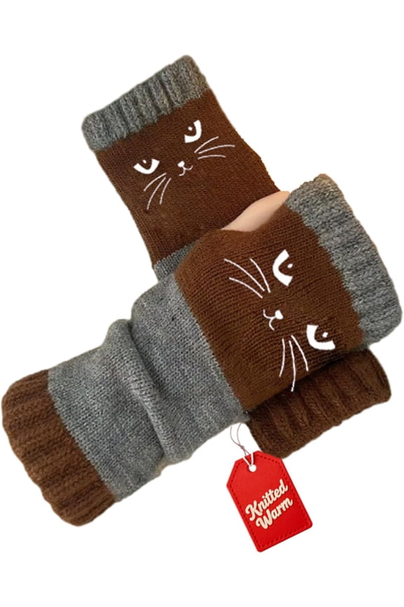 Women’s Knitted Fingerless Gloves with Cat Embroidery, Vintage Cat Themed -Thick Warm Winter Gloves with Cat Face Designs