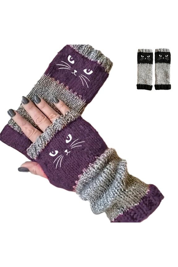 Women’s Knitted Fingerless Gloves with Cute Cat Embroidery, 2026 New Fashionable Fingerless Gloves for Winter