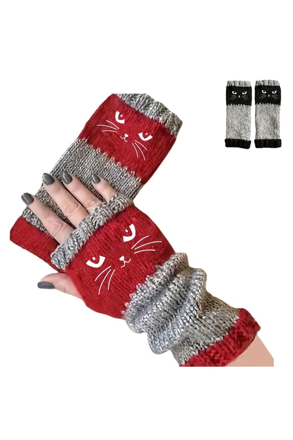 Women’s Knitted Fingerless Gloves with Cute Cat Embroidery, 2026 New Fashionable Fingerless Gloves for Winter