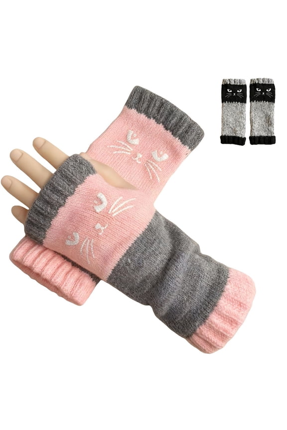 Women’s Knitted Fingerless Gloves with Cute Cat Embroidery, 2026 New Fashionable Fingerless Gloves for Winter