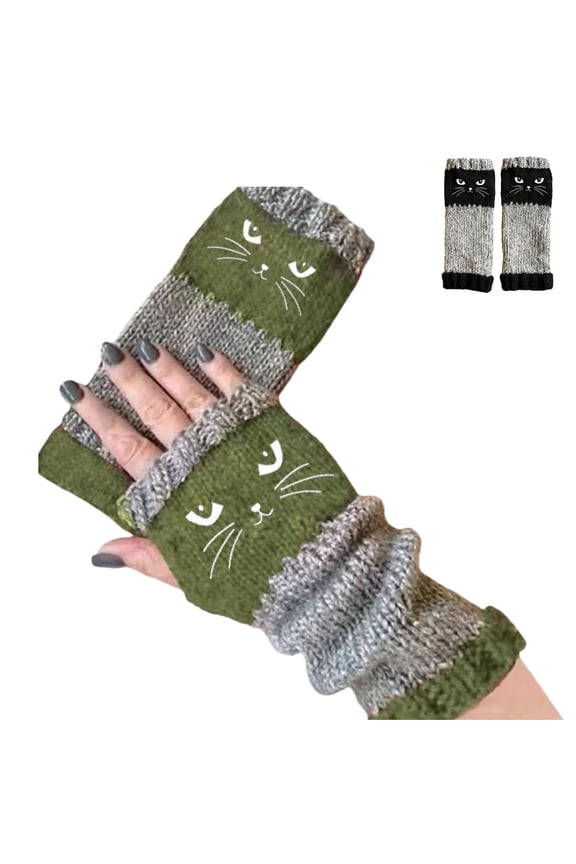 Women’s Knitted Fingerless Gloves with Cute Cat Embroidery, 2026 New Fashionable Fingerless Gloves for Winter