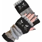 Women s Knitted Fingerless Gloves with Cute Cat Embroidery - Cat Embroidery Splicing Knitted Gloves, Warm GloveBlack