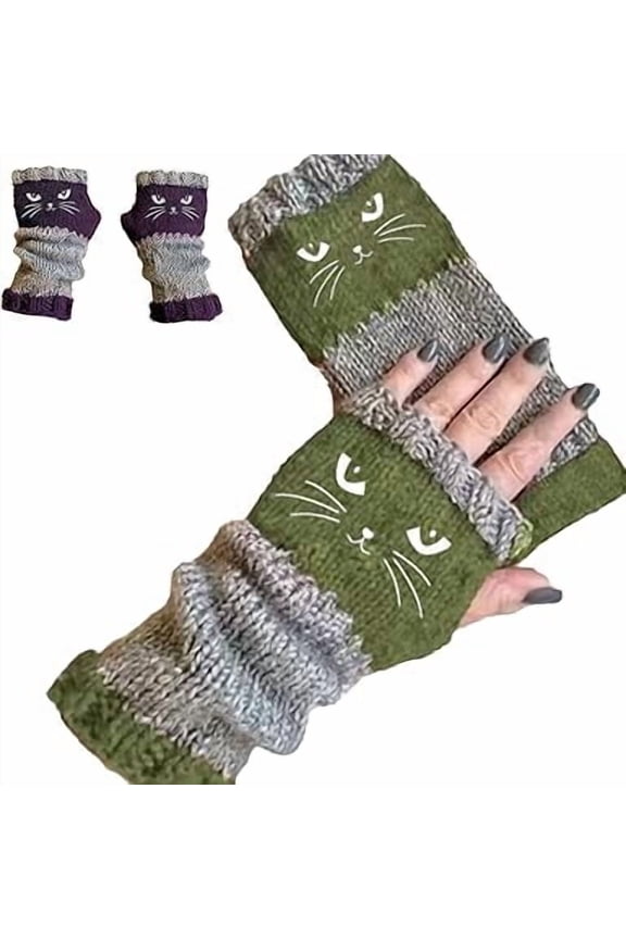 Womens Knitted Fingerless Gloves with Cute Cat Embroidery - Cat Embroidery Splicing Knitted Gloves, Warm Glove (Grey)