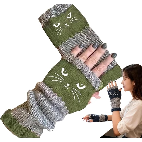 Women's Knitted Fingerless Gloves with Cute Cat Embroidery, Cat Embroidery Splicing Knitted Gloves Warm, for Outside