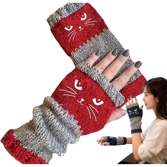 Women's Knitted Fingerless Gloves with Cute Cat Embroidery, Cat Embroidery Splicing Knitted Gloves Warm, for Outside