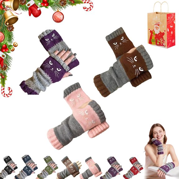 Women's Knitted Fingerless Gloves with Cute Cat Embroidery, Cozy & Soft Knit Fabric Fingerless Cat Gloves for Winter Walk