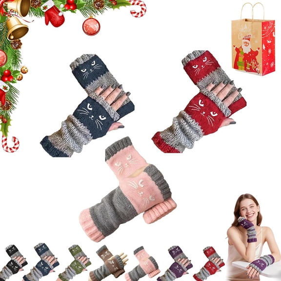 Women's Knitted Fingerless Gloves with Cute Cat Embroidery, Cozy & Soft Knit Fabric Fingerless Cat Gloves for Winter Walk