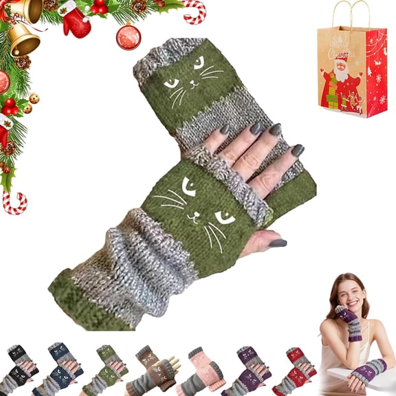 Women's Knitted Fingerless Gloves with Cute Cat Embroidery, Cozy & Soft Knit Fabric Fingerless Cat Gloves for Winter Walk