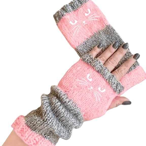 Women’s Knitted Fingerless Gloves with Cute Cat Embroidery – Soft Warm Winter Knit Mittens for Typing, Walking, Casual Wear – One Size Fits Most