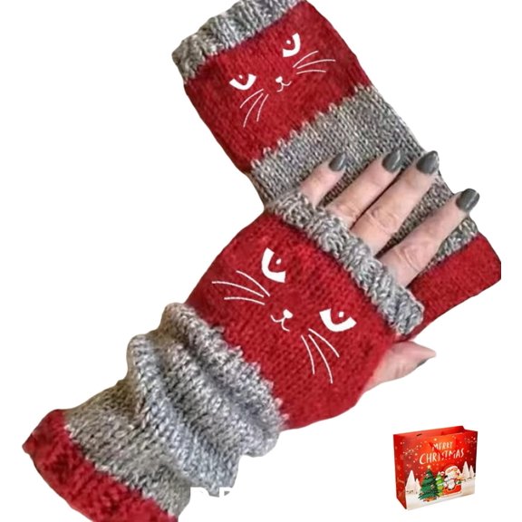 Women’s Knitted Fingerless Gloves with Cute Cat Embroidery, Warm Cat Embroidery Splicing Knitted Gloves with Thumb Hole