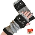 thumbnail image 1 of Women’s Knitted Fingerless Gloves with Cute Cat Embroidery, Warm Cat Embroidery Splicing Knitted Gloves with Thumb Hole, 1 of 9