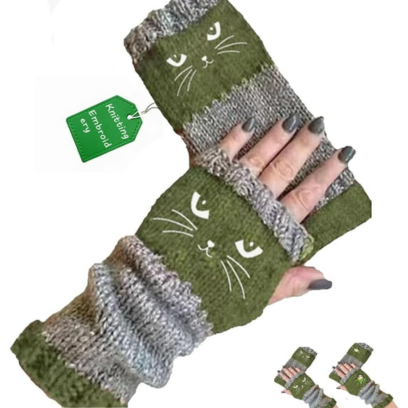 Women’s Knitted Fingerless Gloves with Cute Embroidery, Warm Cozy Winter Mitts for Typing, Driving, Outdoor & Daily Wear