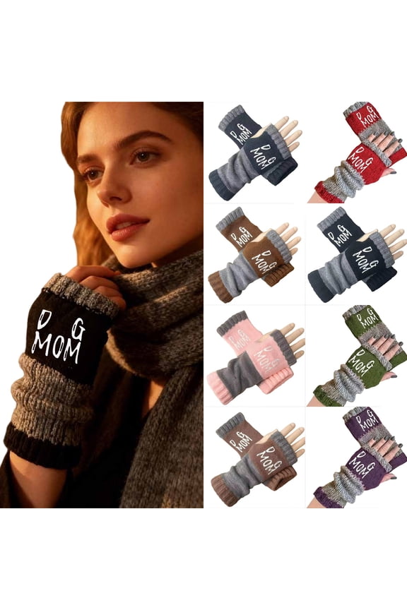 Women's Knitted Fingerless Gloves with Fashion Letter Pattern Warm Half Finger Mittens for Daily Style