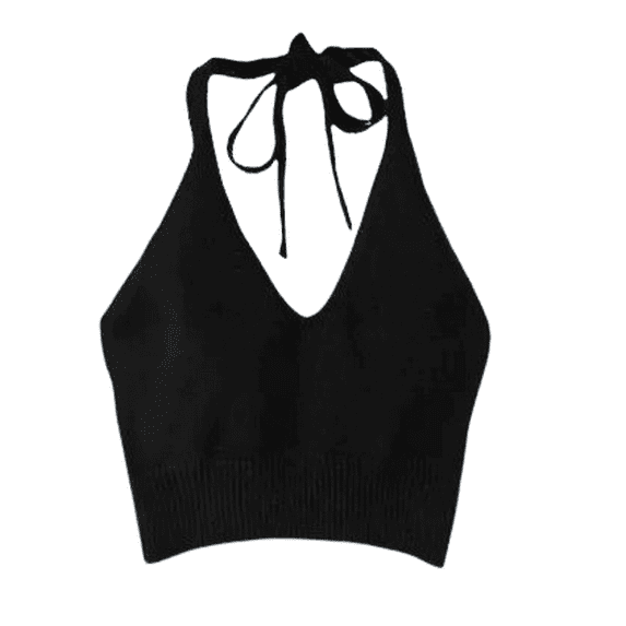Women’s Knitted Halter Crop Top – Solid Color, Stretch Fit, One Size, Black
