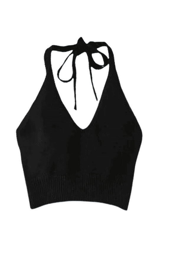 Women’s Knitted Halter Crop Top – Solid Color, Stretch Fit, One Size, Black