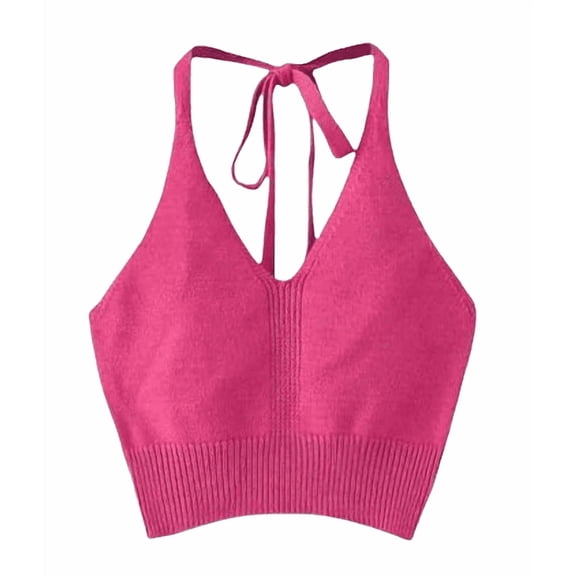 Women’s Knitted Halter Crop Top – Solid Color, Stretch Fit, One Size, Pink