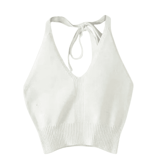Women’s Knitted Halter Crop Top – Solid Color, Stretch Fit, One Size, WHite