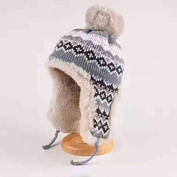 Women's Knitted Hat with Ear Flaps and Bobble, Winter Ski Beanie with Geometric Pattern, Warm Windproof Double Layer Lined Hat for Skiing, Snowboarding, and Outdoor Cold Weather Activities