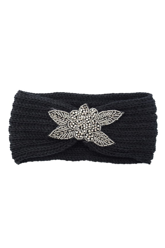 Women's Knitted Headband with Rhinestones, Hand Knitted Wool Ear Warmer Headband for Winter, Crystal Four Leaf Clover Sport Hairband for Running and Fashion - Black