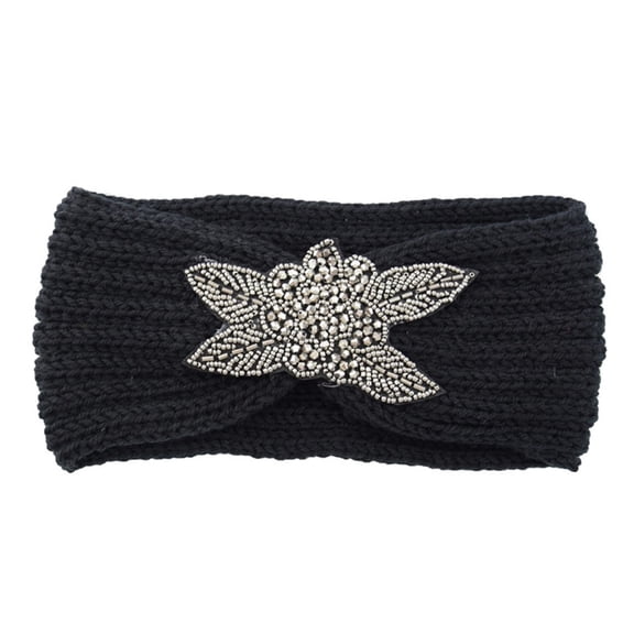 Women's Knitted Headband with Rhinestones, Hand Knitted Wool Ear Warmer Headband for Winter, Crystal Four Leaf Clover Sport Hairband for Running and Fashion - Black