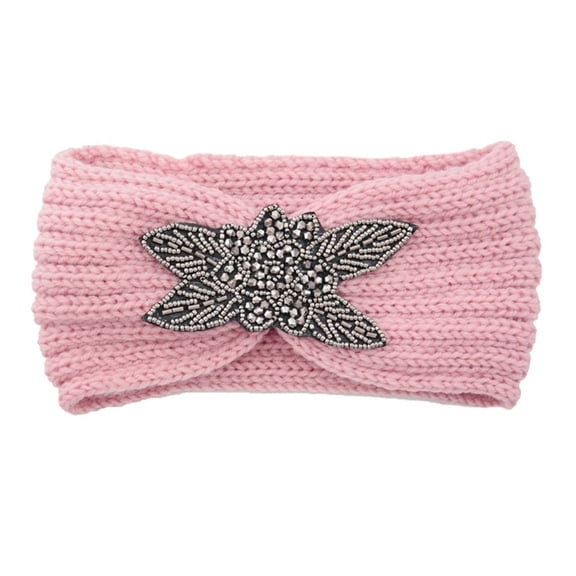 Women's Knitted Headband with Rhinestones, Hand Knitted Wool Ear Warmer Headband for Winter, Crystal Four Leaf Clover Sport Hairband for Running and Fashion - Pink