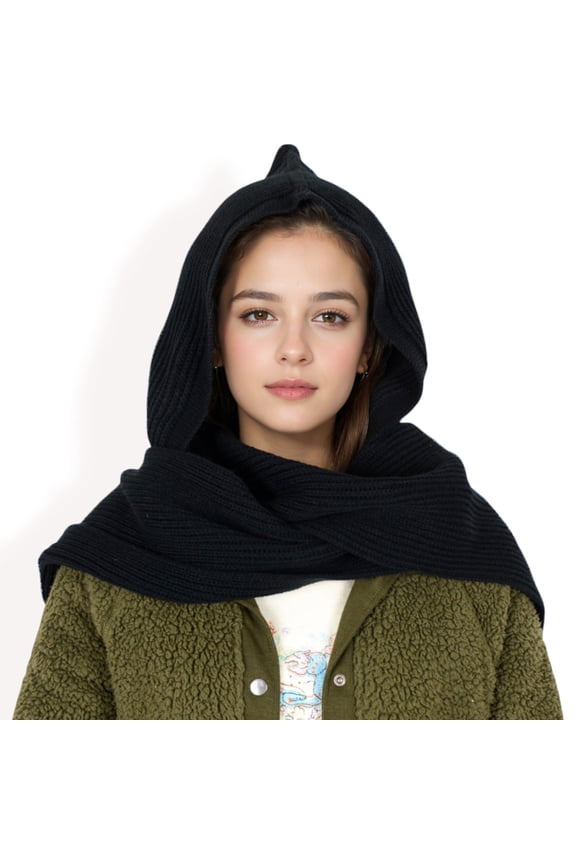 Women's Knitted Hooded Scarf with Versatile Design and Warm Ribbed Texture for Stylish Comfort and Winter Protection-Black