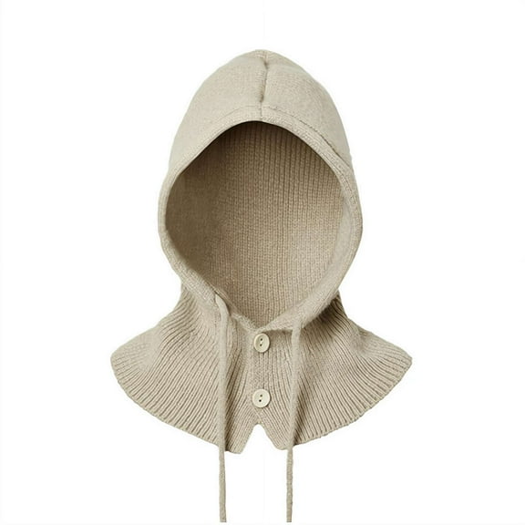 Women's Knitted Hooded Winter Cap, Warm Balaclava Beanie with Drawstring, Korean Style Outdoor Neck Warmer