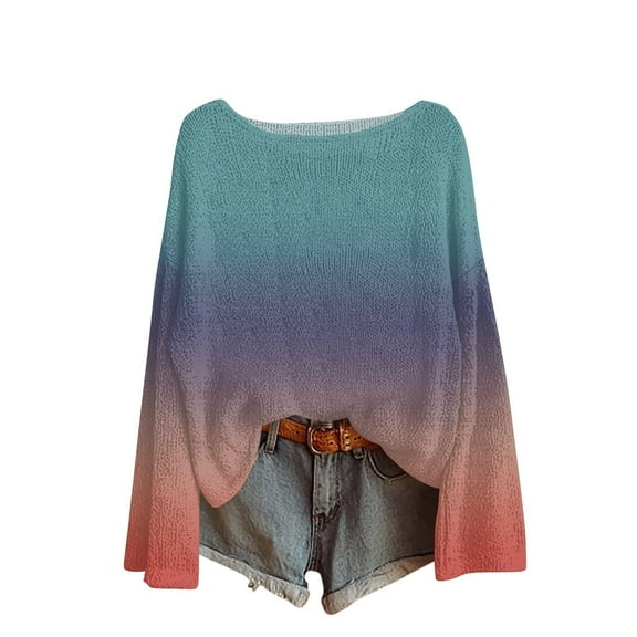 Women's Knitted Imitation Sweater Gradient Color Pullover Top Casual Long Sleeve Round Neck Blouses 2025 Autumn and Winter Fashion Basic Sweaters For Leggings