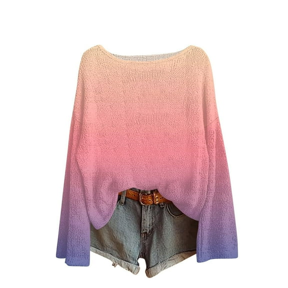 Women's Knitted Imitation Sweater Gradient Color Pullover Top Casual Long Sleeve Round Neck Blouses 2025 Autumn and Winter Fashion Basic Sweaters For Leggings