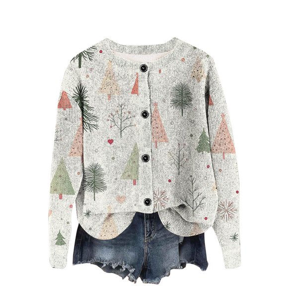 Women's Knitted Jackets Crew Neck Button Down Print Sweater Cardigan Casual Loose Outwear Fall Winter Trendy Outfits (S, Beige-B)